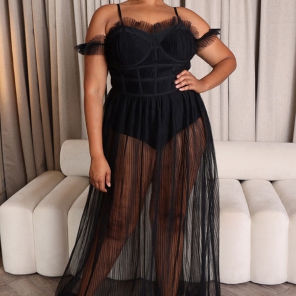 Fashion Nova Black Sheer Off-Shoulder Dress - Picture 1 of 12
